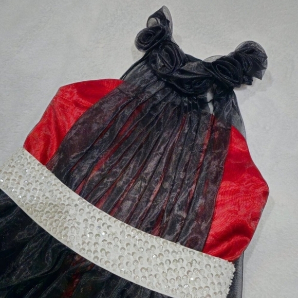 Custom Black & Red Chiffon Dress ✦ Girls 6 ✦ Handmade Roses Sparkle Sash Formal - Picture 11 of 16